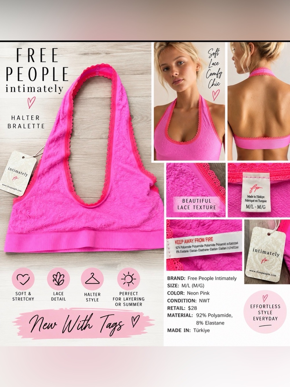 Free People Intimately Neon Pink Lace Halter Bralette M/L NWT